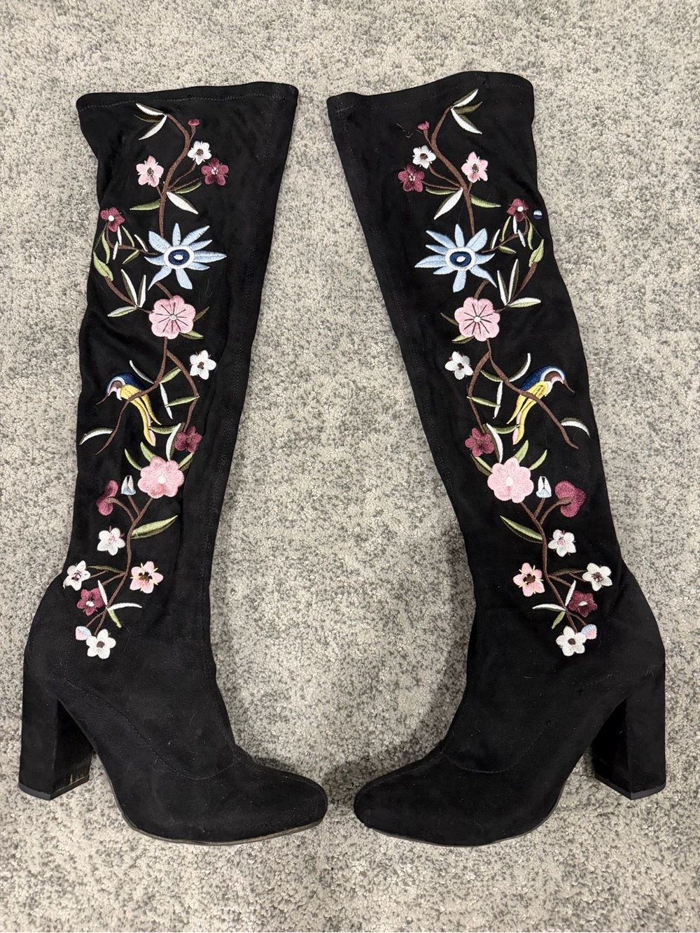 MIA Black Over-the-Knee Boots with Multicolor Floral Embroidery
